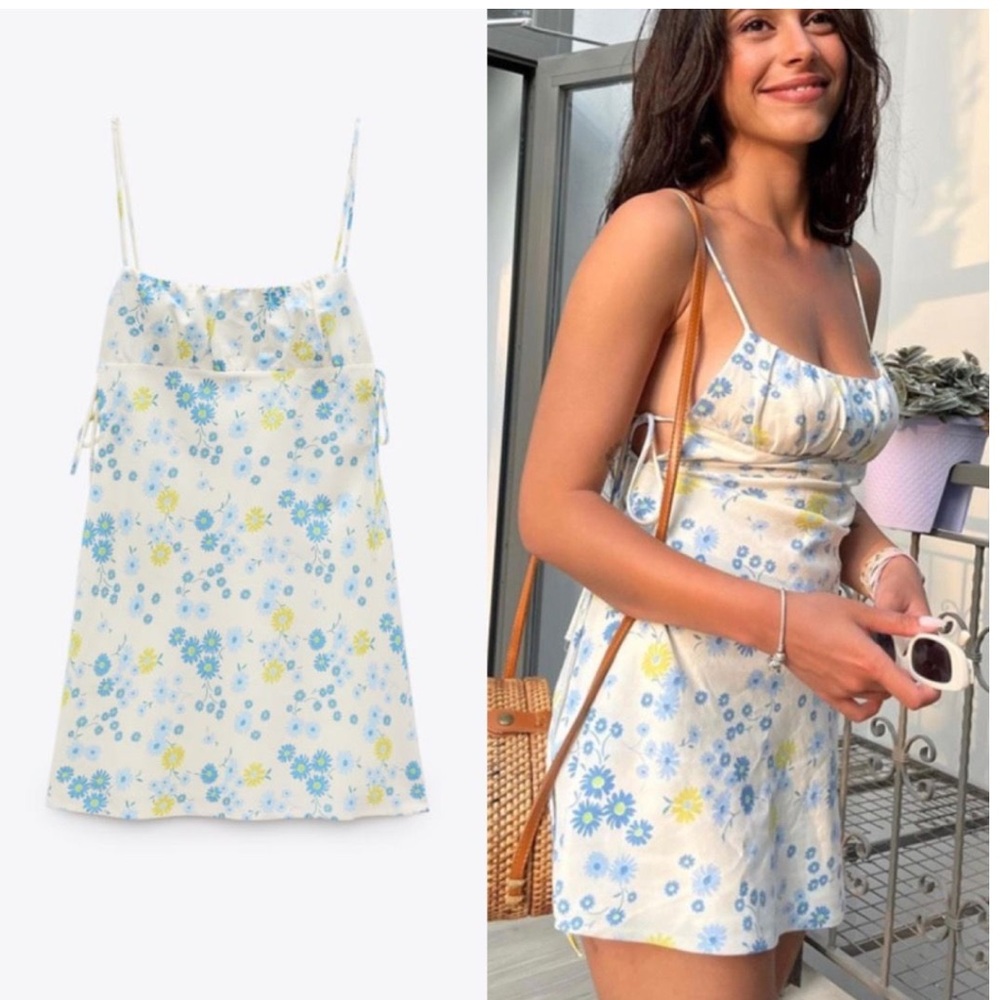 Zara Dress Women's Size Large Sleeveless Floral 70s Print Mini y2k Tie Sides M